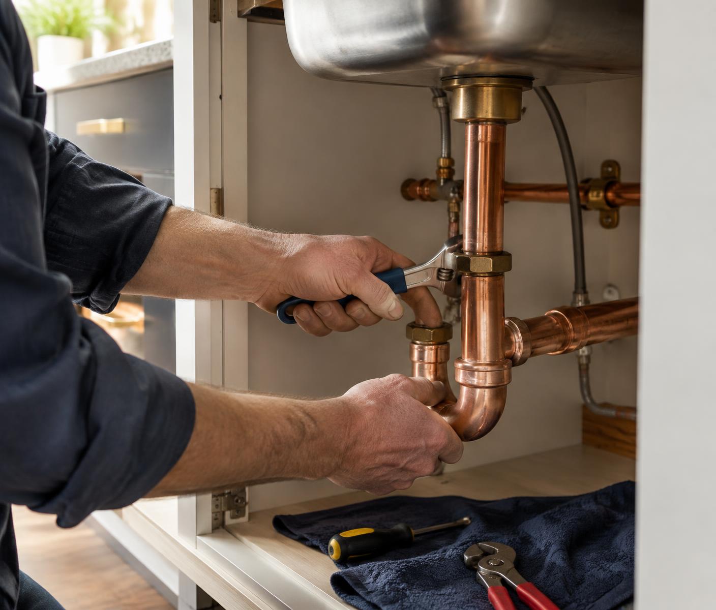 Hands repairing copper plumbing under a sink