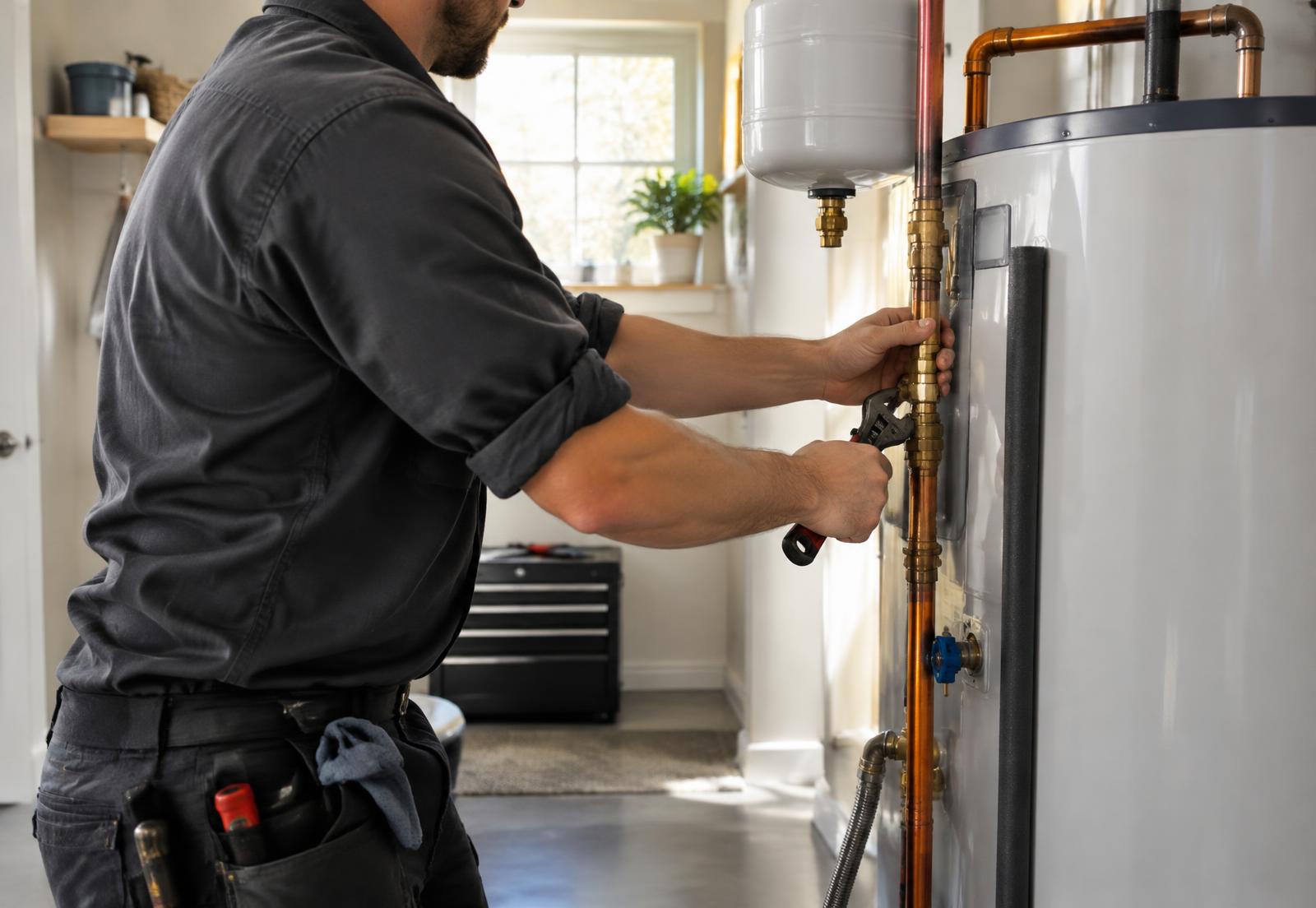 Plumber servicing a residential water heater